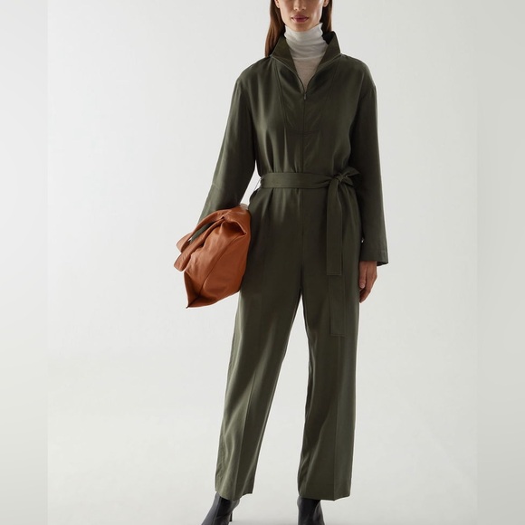 COS Straight Belted Jumpsuit in Green Zip Neck